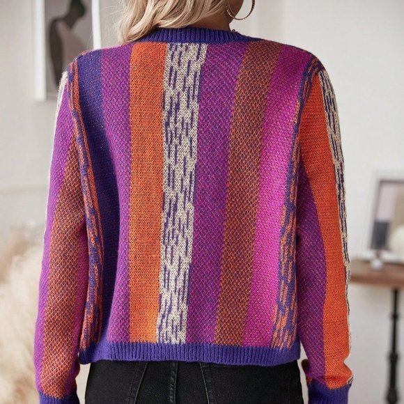 Multicolor Casual Womens Color Block Button Front Cardigan - Picture 2 of 5